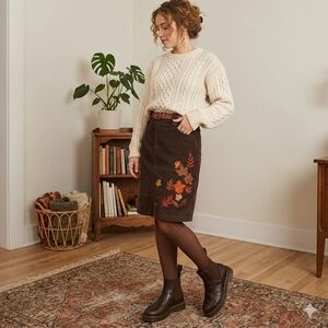 Norton Studio Vintage Brown Corduroy Embroidered Leaf Skirt Plus 18